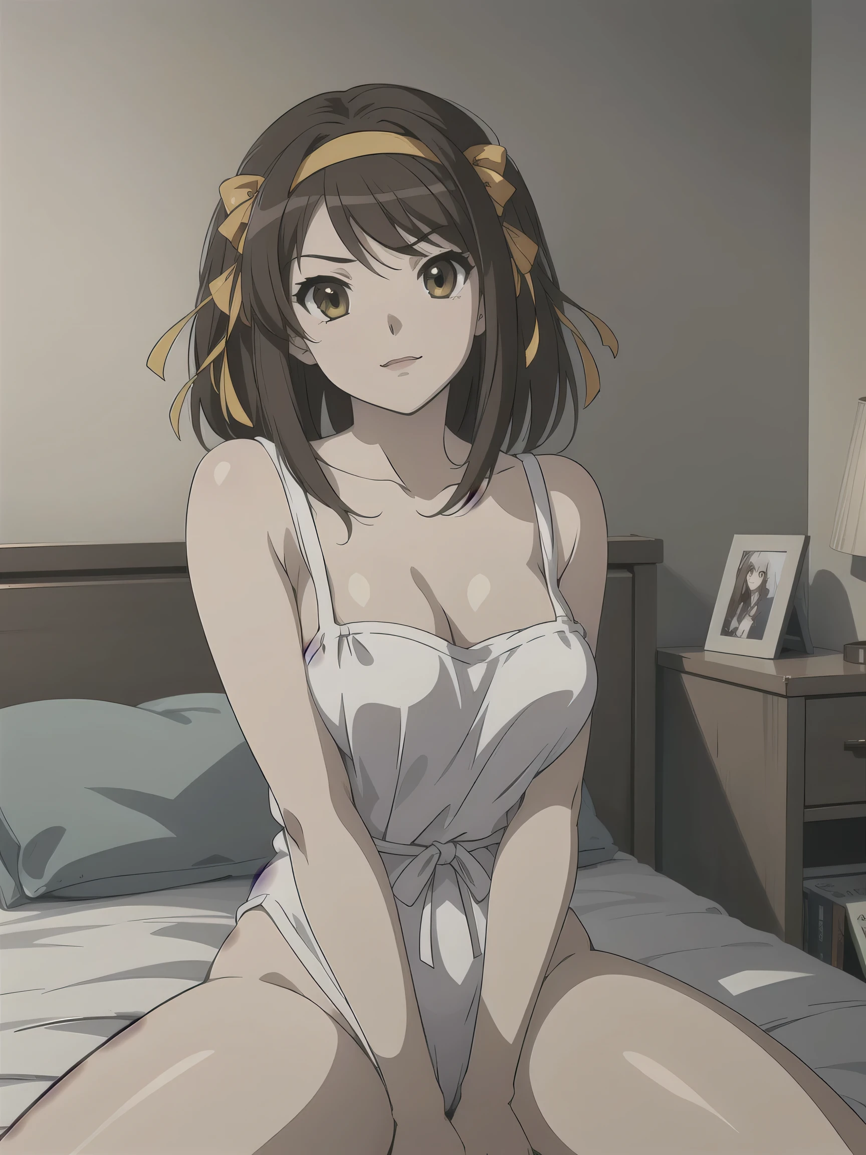 (A superb exquisite haruhi suzumiya), (haruhi suzumiya:1.5), brown eyes, brown hair, natural straight hair, hairband, ribbon, straight bangs, solo, nature, extremely delicate, straight facial features, peerless beautiful girl, soft, (sensual face), ((ecchi face)), dreamy quality, exaggerated facial features, solid color, frank holly, delicate face, bright lips, slender waist, soft curves, real light and shadow, super fine, 4k, natural moving, Ultra high resolution, (masterpiece:1.2, best quality), (finely detailed beautiful eyes: 1.2), (beautiful detailed face), sexy nude model, sexy pose, (large chest), (Perfect Body Proportions), (bedroom), Mekosuji, Spread your legs a little and show off your crotch,