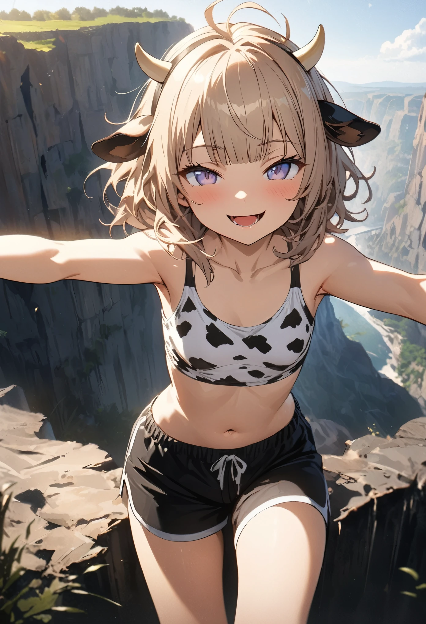 ((Masterpiece)), ((best quality)), (Anime:1.4), (super detail:1.2), (High Definition:1.3), (Professional Photography:1.3), (wide shot), (sharp focus), (perfect light), ((12 years old)), 1girl, ((wearing Cow-patterned tanktop)), boxer shorts, cinematic lighting, Textured skin, messy hair, (loose blunt bangs), teenage girl, Healthy stomach, (Healthy slim body), small breasts, cute eyes, ((naughty face)), (open mouth), (put on cow ears), pale brown hair, Cute Beautiful girl, ((outstretched arms)), Thin accessories, ((on the precipitous cliff)),