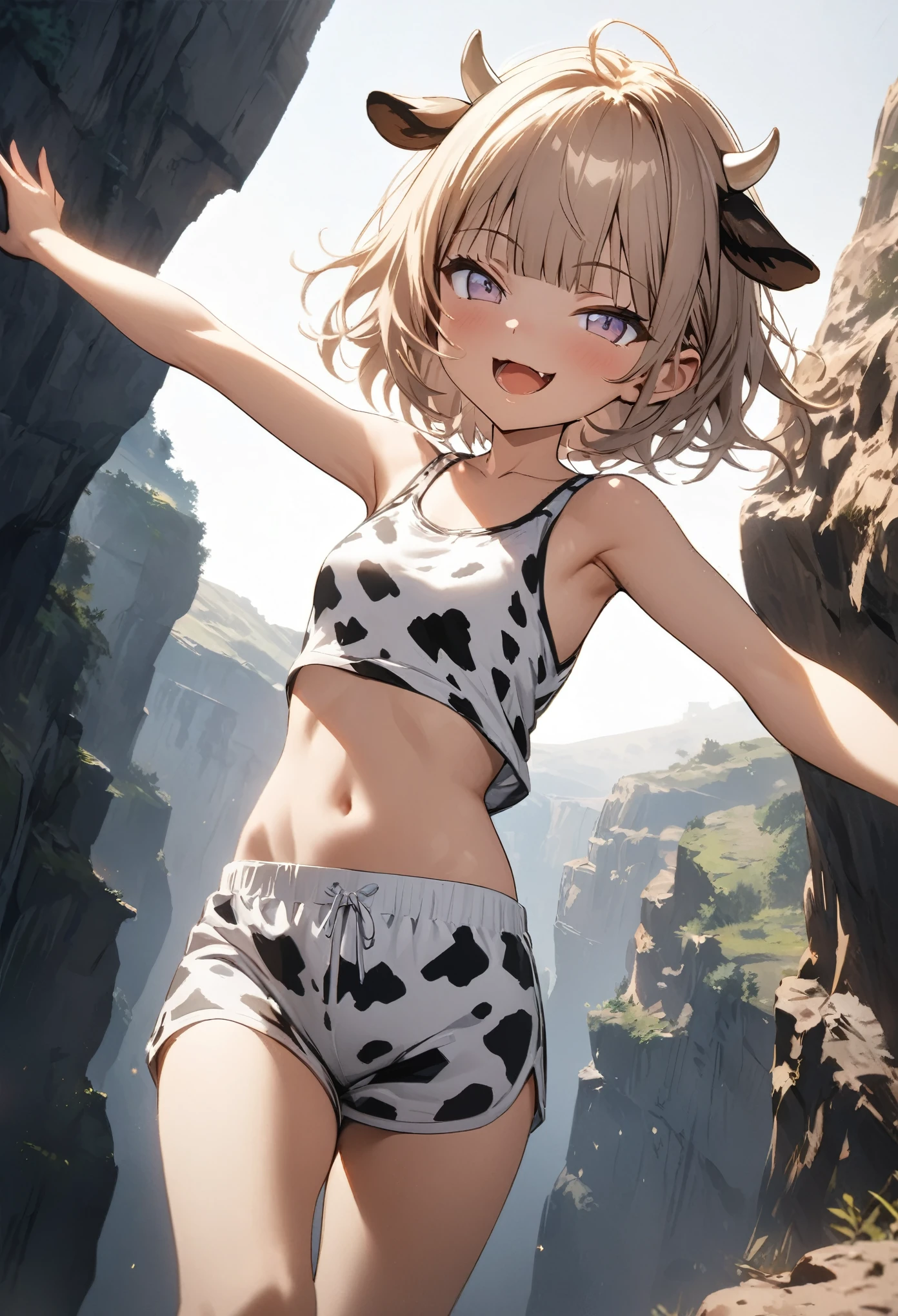 ((Masterpiece)), ((best quality)), (Anime:1.4), (super detail:1.2), (High Definition:1.3), (Professional Photography:1.3), (wide shot), (sharp focus), (perfect light), ((************)), 1girl, ((wearing Cow-patterned tanktop)), boxer shorts, cinematic lighting, Textured skin, messy hair, (loose blunt bangs), teenage girl, Healthy stomach, (Healthy slim body), small breasts, cute eyes, ((naughty face)), (open mouth), (put on cow ears), pale brown hair, Cute Beautiful girl, ((outstretched arms)), Thin accessories, ((on the precipitous cliff)),