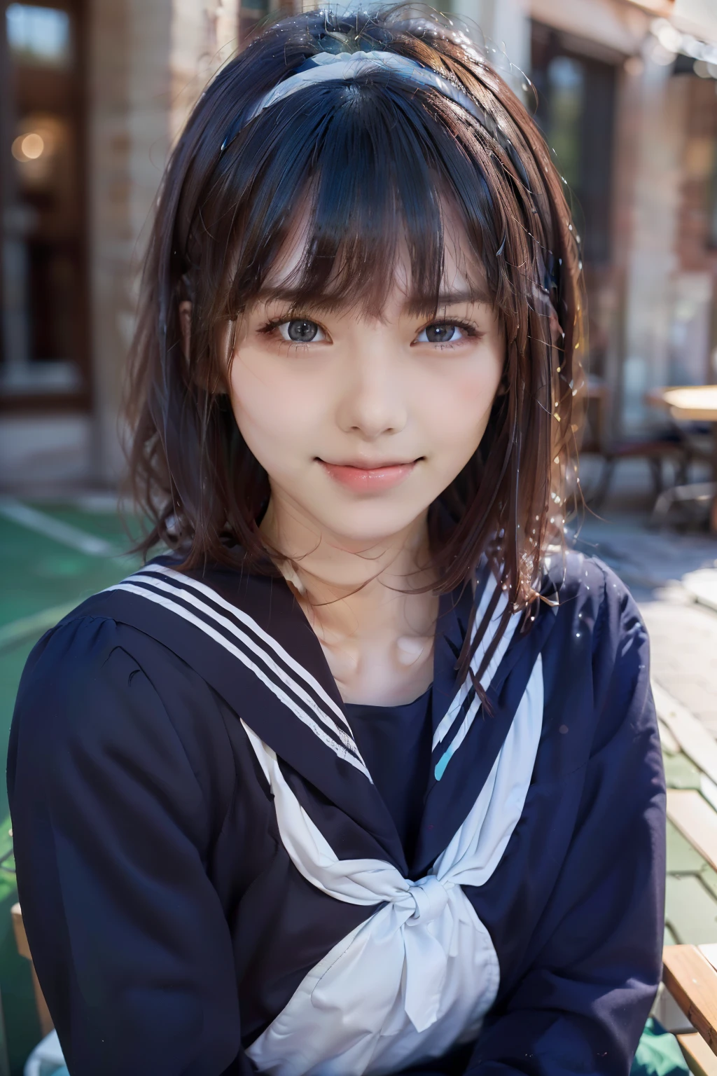 Sailor suit, One Woman, (Beautiful woman, delicate :1.3), Black Hair, Short bobcut, bangs, (8k), (highest quality: 1.2), (Realistic), (Realistic: 1.37), (masterpiece), (Ultra-high resolution), (RAW Photos), (Absolute Resolution), (((face is small compared to body: 1.4))), (((Small face:1.4))), A balanced face, (Small Mouth: 1.4), ((Slim female body: 1.4)), Black Hair, (((long sleeve Sailor suit))), Realistic high school girl, (((White headband))), Small breasts, Slanted Eyes, Bright Blue Eyes, (Cafe on the open terrace), smile, Blurred, ((Full Body Shot)), Black Stockings, Black garter belt, Three white lines on the collar of a sailor suit, cowboy shot,
