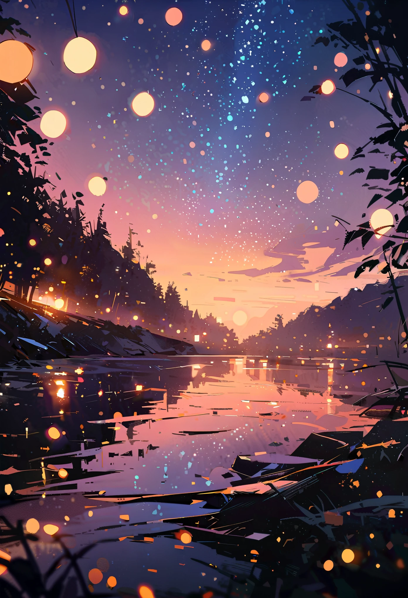 (Close-up shot:1.5), Night forest glade background, (evening), moonlight, Starry Sky, sparkling, afternoon, Bokeh, (Art by Jeremy Mann and Edvard Munch), Beautiful composition, Complementary Color, masterpiece, Awards