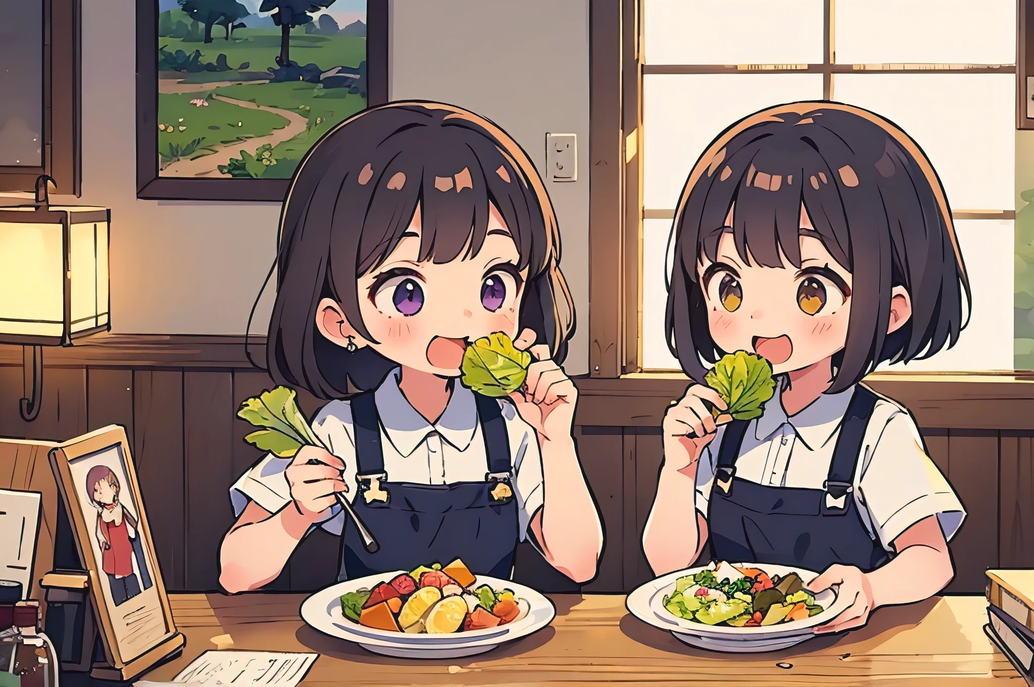((masterpiece, highest quality)), Japanese, 2 girls, cute, Dressed as a clerk, clothes, Eating lots of shredded cabbage, There is a bottle of dressing on the table., Torn lettuce on a plate, Looks happy