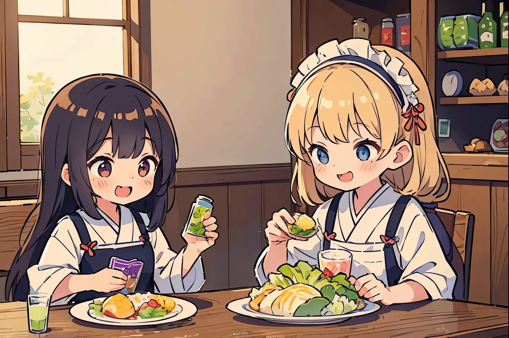 ((masterpiece, highest quality)), Japanese, 2 girls, cute, Dressed as a clerk, clothes,  Eating lots of shredded cabbage, There is a bottle of dressing on the table.,  Torn lettuce on a plate,  Looks happy