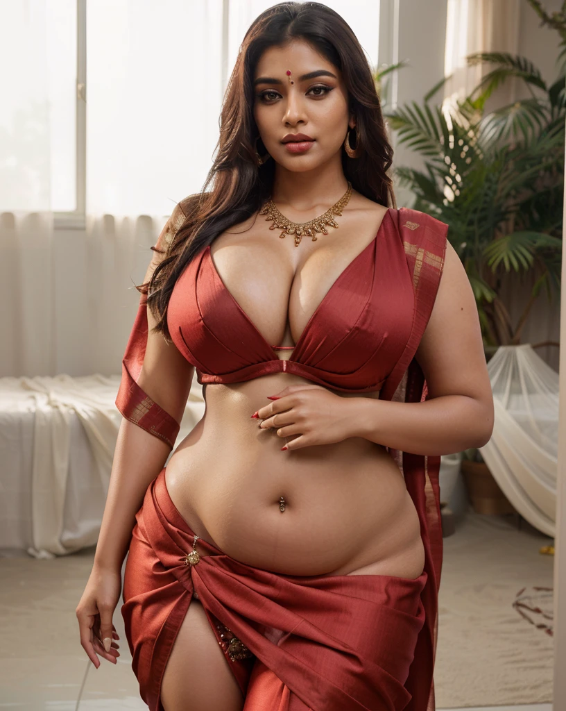 Indian sexy WOMEN WEARING saree , ancient sex goddess , perfect figure , big boobies , showing her round belly button , sexy deep navel , curvy waist , thick legs , slutty makeup , dark eyeliner , HOT red lips , long hairs , earrings , shinny ornaments , necklace , 8k resolution , photorealistic , ultra realistic , HD Quality , photography , long shot , full body photograph , cinematic lighting , daylight , Hasselblad photography , ARRI Photography , details , extreme details , little details , ultra sharp photo , perfect picture , fine details , HQ ,