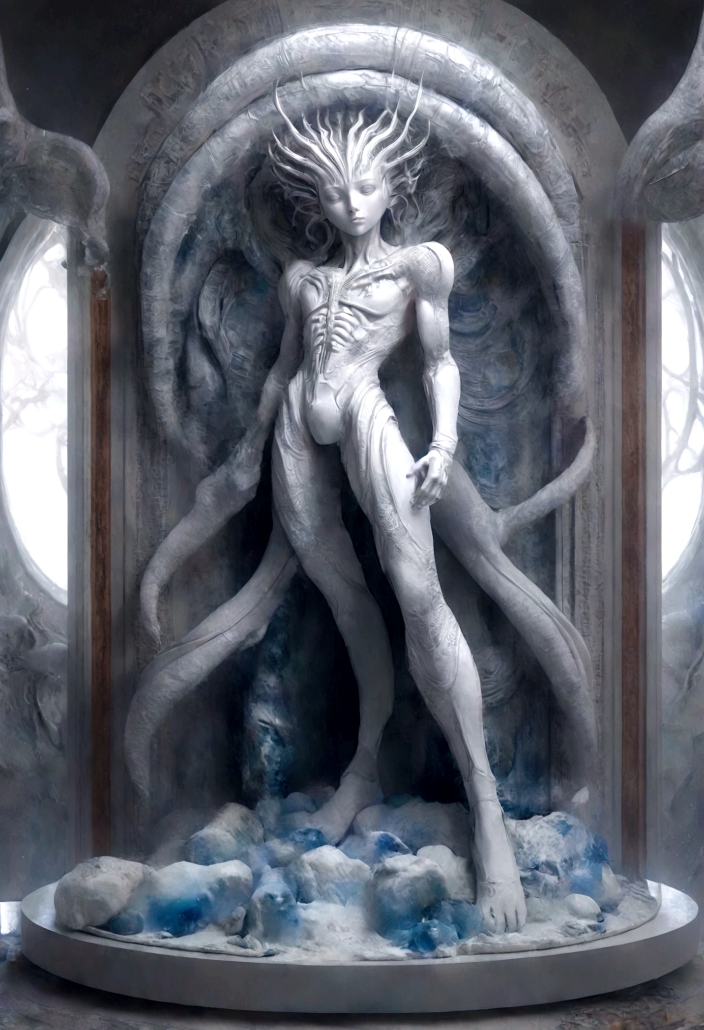 Crie uma obra de arte em 3D de um homem celestial usando um roupa branca adornado com (((detalhes intrincados))). A obra deve incorporar a (((best possible quality))), with an emphasis on (((detalhes extremos))) e uma (((Complex composition))). Utilize uma paleta de cores que reflita uma aura celestial, com tons suaves de azul, Ethereal white and subtle touches of gold. Make sure the composition exudes a sense of otherworldly beauty and tranquility. Inspire-se em artistas como (((H.R. Giger))), (((ZBrushCentral))), e (((Vitaly Bulgarov)))