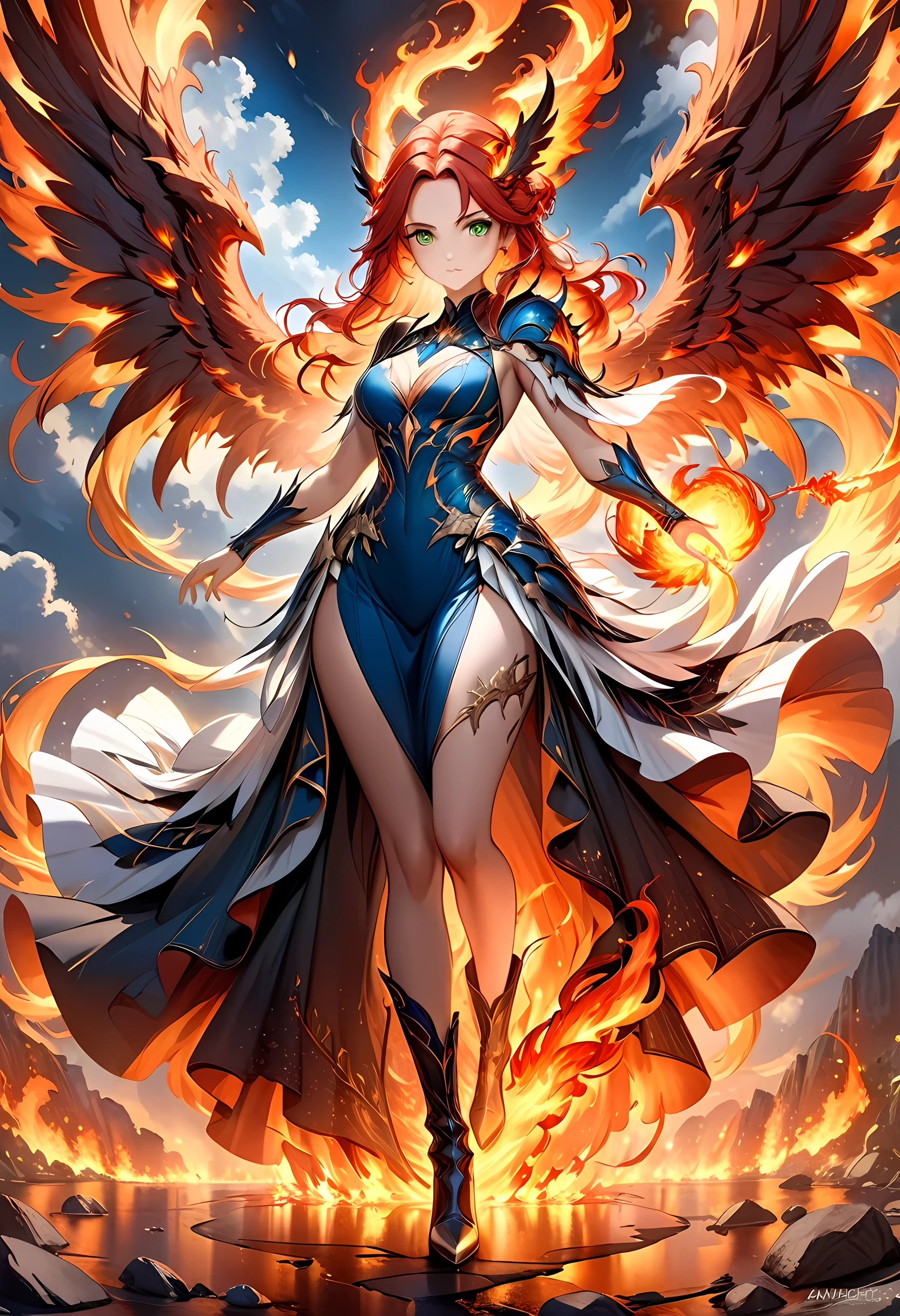 16k, ultra detailed, masterpiece, best quality, (extremely detailed), arafed, dnd art, panoramic view, full body, aasimar, female, (Masterpieceת intense details:1.3), female, sorceress, casting flaming spell(Masterpieceת intense details:1.3) large feathered wings,(white: 1.3) angelic wings spread (Masterpieceת intense details:1.3), fantasy magical heaven background (Masterpieceת intense details:1.3), moon, stars, clouds, wearing (azure: 1.3) armor (Masterpieceת intense details:1.3), high heeled boots (Masterpieceת intense details:1.3), armed with staff, (red hair: 1.4), (green eyes: 1.4), intense eyes, ultra feminine, ultra detailed face, (Masterpieceת intense details:1.5), (anatomically correct: 1.5), determined face, divine light, cinematic lighting, soft light, silhouette, photorealism, panoramic view ((Masterpieceת intense details:1.3) , Wide-Angle, Ultra-Wide Angle, 16k, highres, best quality, faize, 2.5D rendering, phoenix dress