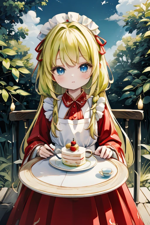 (8k, highest quality, Tabletop:1.2)、Ultra-high resolution, Detailed face, One -yeld gi blue eyes, Blonde, Braid, Long Hair, Red ribbon on head, Red dress, White apron, blue sky, in the forest, wood々, table cloth, Set of cake and tea on the table, Sit on a chair、hjy, a green and white dress with a bird on it