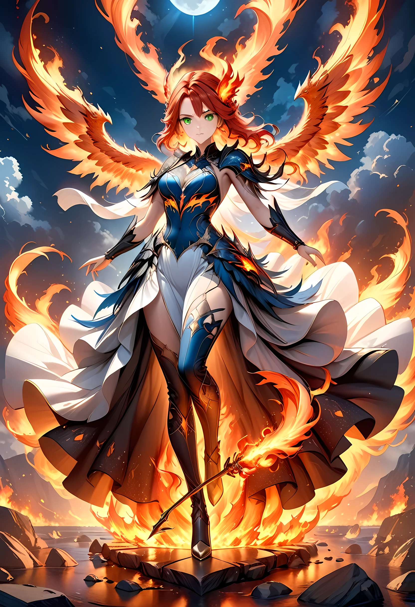 16k, ultra detailed, masterpiece, best quality, (extremely detailed), arafed, dnd art, panoramic view, full body, aasimar, female, (Masterpieceת intense details:1.3), female, sorceress, casting flaming spell(Masterpieceת intense details:1.3) large feathered wings,(white: 1.3) angelic wings spread (Masterpieceת intense details:1.3), fantasy magical heaven background (Masterpieceת intense details:1.3), moon, stars, clouds, wearing (azure: 1.3) armor (Masterpieceת intense details:1.3), high heeled boots (Masterpieceת intense details:1.3), armed with staff, (red hair: 1.4), (green eyes: 1.4), intense eyes, ultra feminine, ultra detailed face, (Masterpieceת intense details:1.5), (anatomically correct: 1.5), determined face, divine light, cinematic lighting, soft light, silhouette, photorealism, panoramic view ((Masterpieceת intense details:1.3) , Wide-Angle, Ultra-Wide Angle, 16k, highres, best quality, faize, 2.5D rendering, phoenix dress