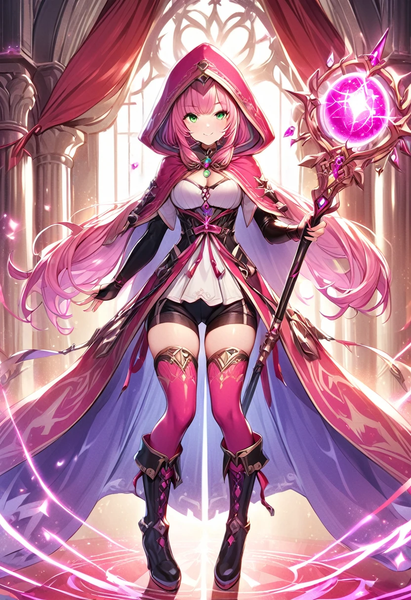 (masutepiece, Best Quality), 1girl, solo, full-body, pink-thighhighs, thighhighs, pink-hair, staff, smile, looking-at-viewer, shorts, holding, hood, breasts, holding-staff, tachi-e, cape, long-hair, black-shorts, blush, clothing-cutout, twintails, boots, standing, bridal-gauntlets, green-eyes, gloves, cleavage-cutout, cleavage, short-shorts, medium-breasts, straight-on, black-footwear, fingerless-gloves, bike-shorts, low-twintails, bangs, cloak, simple background, Orbstaff
