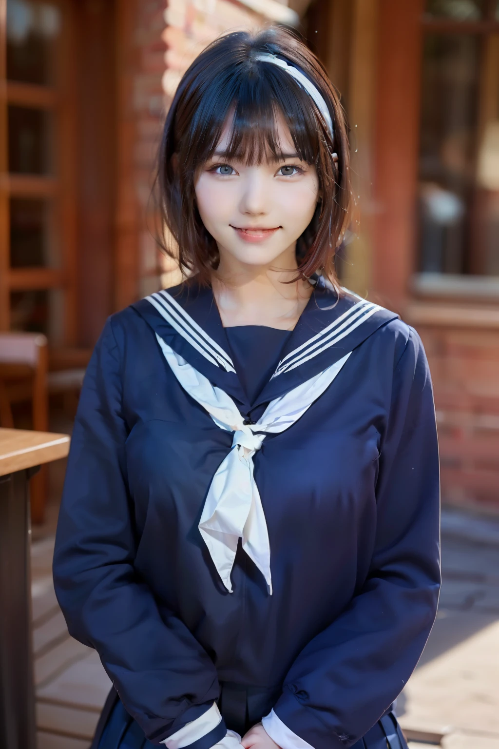 Sailor suit, One Woman, (Beautiful woman, delicate :1.3), Black Hair, Short bobcut, bangs, (8k), (highest quality: 1.2), (Realistic), (Realistic: 1.37), (masterpiece), (Ultra-high resolution), (RAW Photos), (Absolute Resolution), (((face is small compared to body: 1.4))), (((Small face:1.4))), A balanced face, (Small Mouth: 1.4), ((Slim female body: 1.4)), Black Hair, (((long sleeve Sailor suit))), Realistic high school girl, (((White headband))), Small breasts, Slanted Eyes, Bright Blue Eyes, (Cafe on the open terrace), smile, Blurred, ((Full Body Shot)), Black Stockings, Black garter belt, Three white lines on the collar of a sailor suit, cowboy shot,