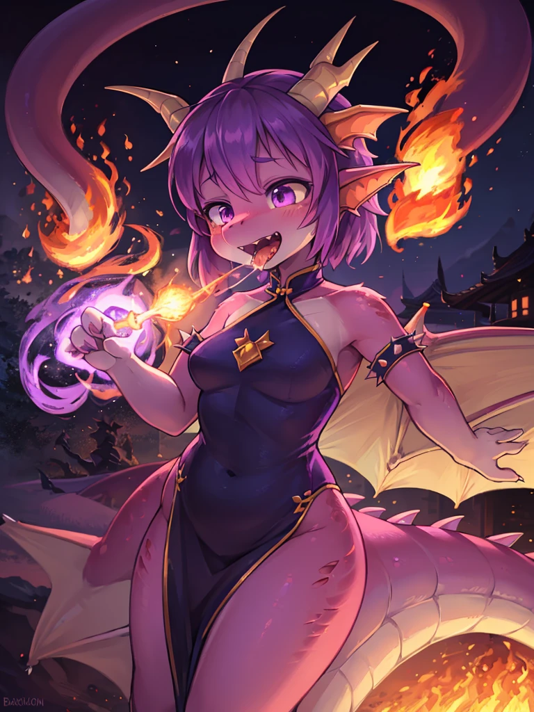 Hallucination, daydream , bokeh , Ghost, (fire Dragon monster Girl:1.5), Purple Skin, spike, Spiky purple hair, Caught Laughter, Floating Hand, Wearing a deep purple long slit china dress, Floating in the air, masterpiece, highest quality , Show secretly , (Breathing fire from the mouth:1.3) , Long muzzle