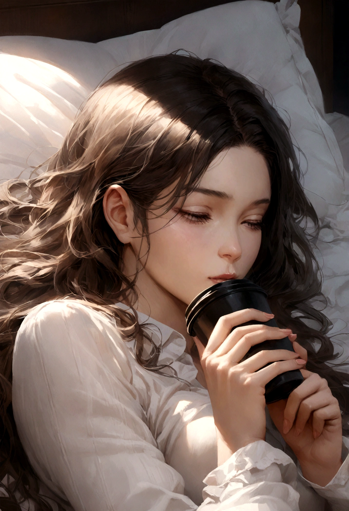 realistic woman lying in bed drinking coffee