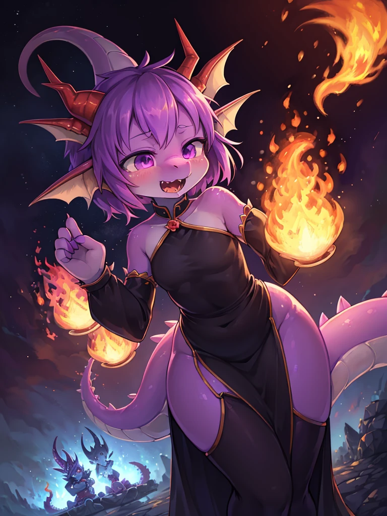 Hallucination, daydream , bokeh , Ghost, (fire Dragon monster Girl:1.5), Purple Skin, spike, Spiky purple hair, Caught Laughter, Floating Hand, Wearing a deep purple long slit china dress, Floating in the air, masterpiece, highest quality , Show secretly , (Breathing fire from the mouth:1.3) , Long muzzle