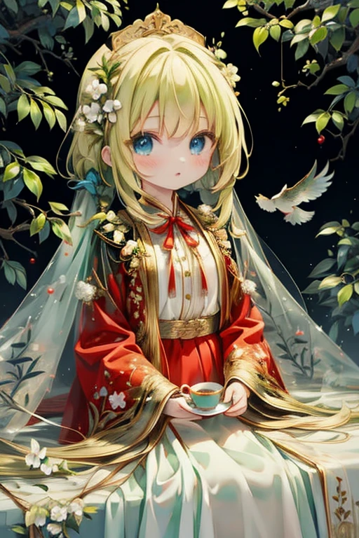 (8k, highest quality, Tabletop:1.2)、Ultra-high resolution, Detailed face, One -yeld gi blue eyes, Blonde, Braid, Long Hair, Red ribbon on head, Red dress, White apron, blue sky, in the forest, wood々, table cloth, Set of cake and tea on the table, Sit on a chair、hjy, a green and white dress with a bird on it