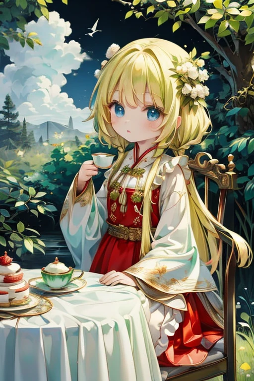(8k, highest quality, Tabletop:1.2)、Ultra-high resolution, Detailed face, One 10-year-old girl, blue eyes, Blonde, Braid, Long Hair, Red ribbon on head, Red dress, White apron, blue sky, in the forest, wood々, table cloth, Set of cake and tea on the table, Sit on a chair、hjy, a green and white dress with a bird on it