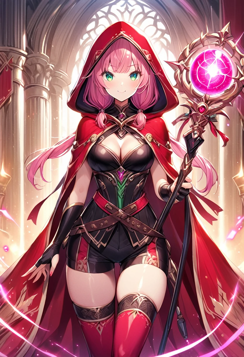 (masutepiece, Best Quality), 1girl, solo, full-body, pink-thighhighs, thighhighs, pink-hair, staff, smile, looking-at-viewer, shorts, holding, hood, breasts, holding-staff, tachi-e, cape, long-hair, black-shorts, blush, clothing-cutout, twintails, boots, standing, bridal-gauntlets, green-eyes, gloves, cleavage-cutout, cleavage, short-shorts, medium-breasts, straight-on, black-footwear, fingerless-gloves, bike-shorts, low-twintails, bangs, cloak, simple background, Orbstaff