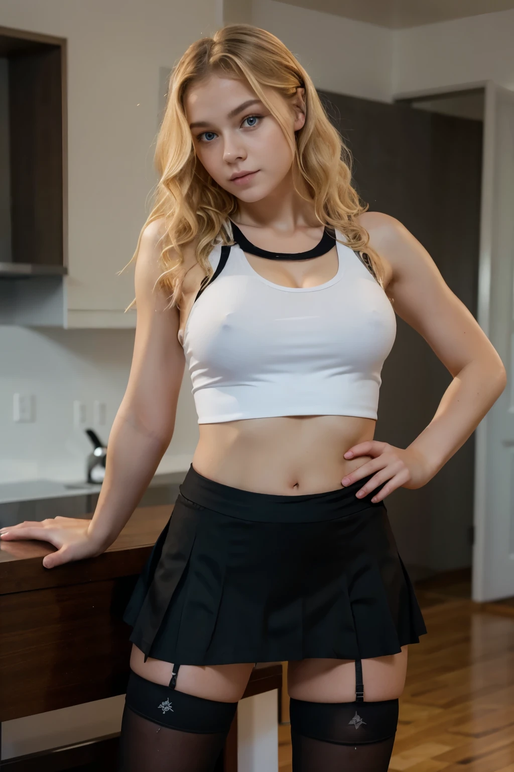 A young Russian girl with curly blonde hair, blue eyes, wearing a black skirt and black stockings, white tank top. Plumpy legs, sportive figure. seductive, sexy pose.
