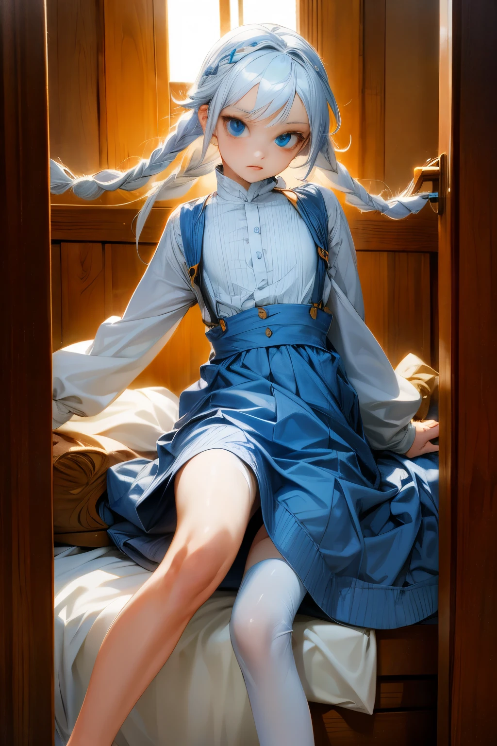 1girl, orange sleeves, white hair, white skin, light blue hair ornament, blue suspenders, blue clothes, light blue eyes, bare feet, double braids