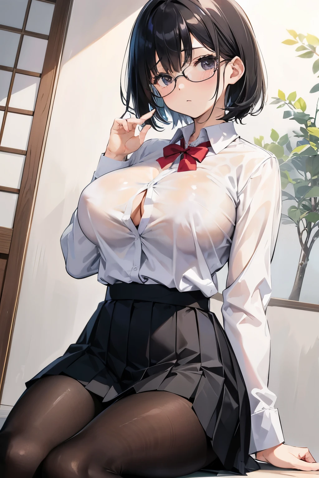 1 Japanese girl, glasses, blush, angle from the side, (slim body:1.2), (huge breasts:1.1), short hair, black hair, , white long sleeve shirt, pleated skirt, (black tights:1.1),Bare your breasts、Exposing the breasts、Unbutton your shirt