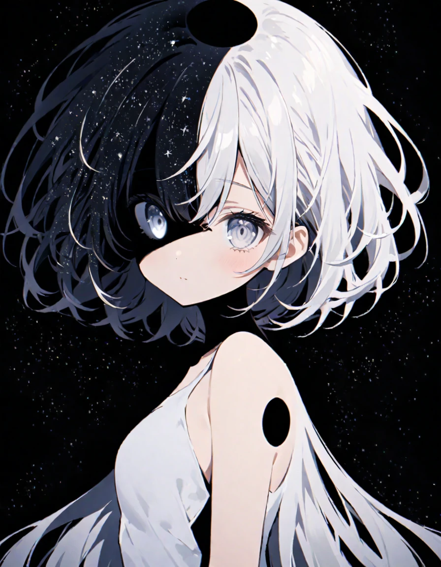 Silhouette of a girl on a black background, body in the form of a starry sky, white eyes, a black hole is distantly visible in the hair
