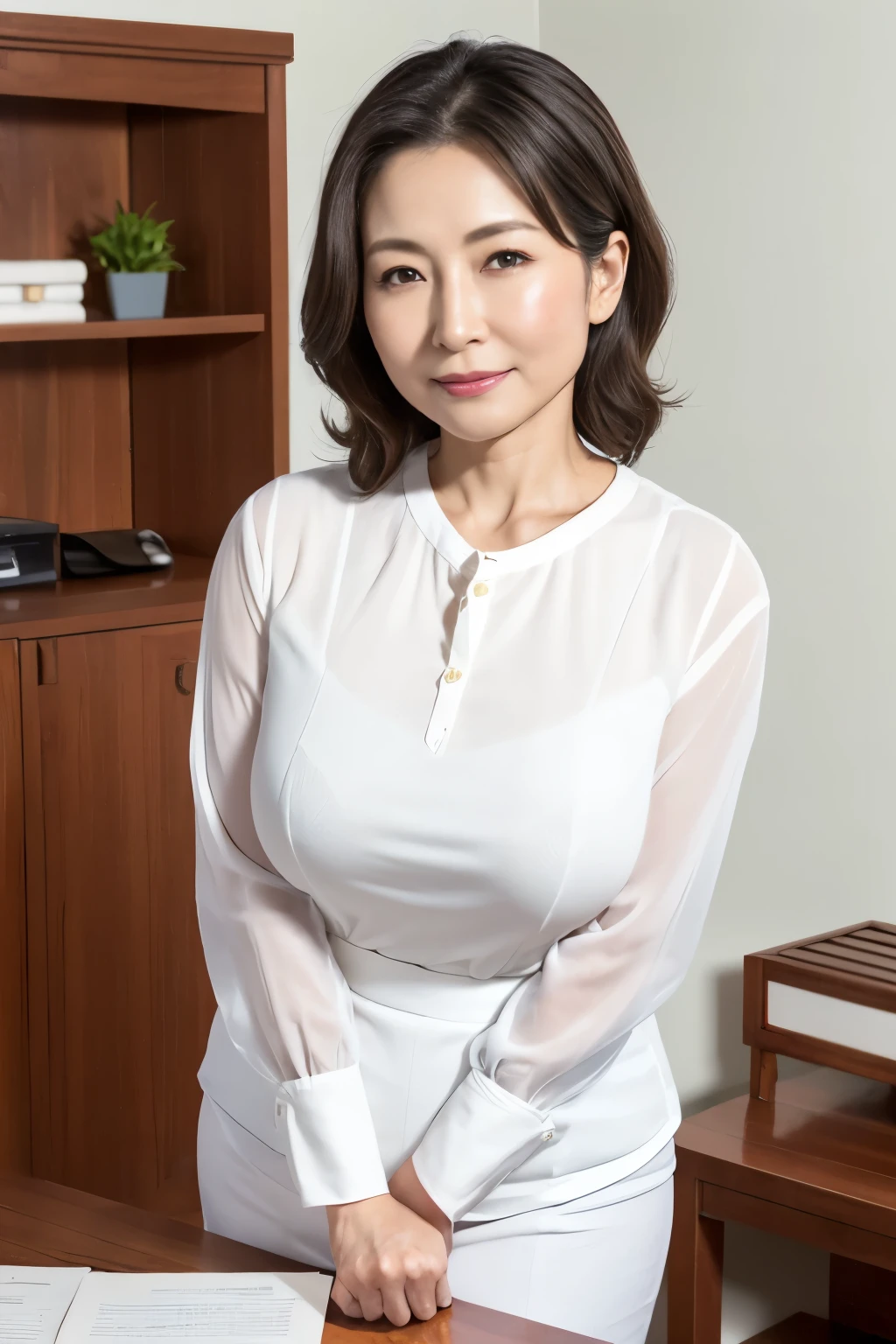 Beautiful Japanese Women、Beautiful Mature Woman、Classy sex appeal、sexy、Transparent skin、Perfect Lighting、Beauty、Radiant Skin、Transparent beauty、8K High Resolution、Beauty in natural light、High resolution、Photorealistic、Masterpiece、Moist eyes、Gravure quality、office lady、Plump body shape、Wrinkles around the eyes、Black tight skirt、White blouse、squat