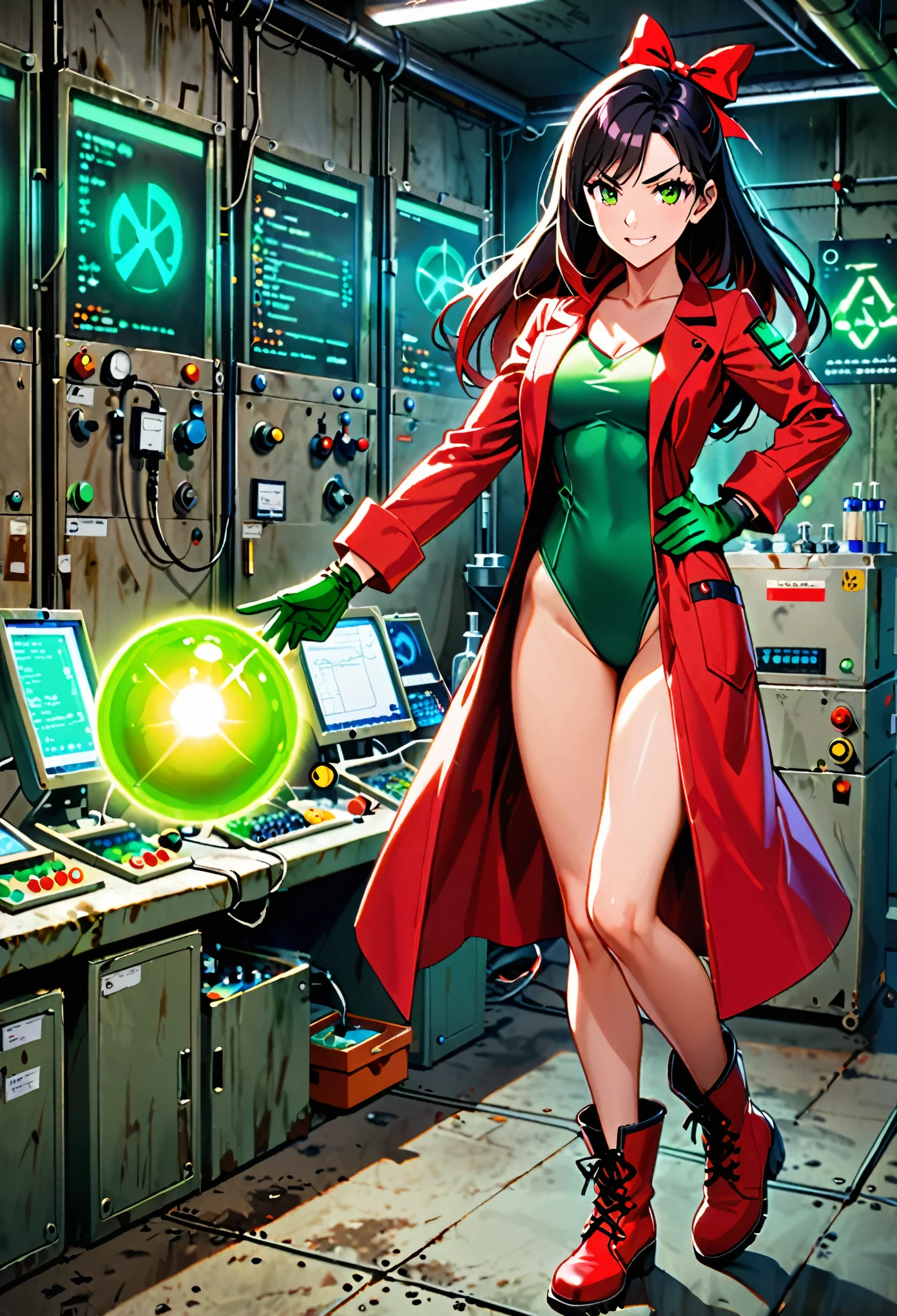 1girl, solo, tall body, scientist, mad scientist, (red lab coat), (green leotard), ((red hair bow)), bare legs, (ankle-high boots, red boots, matching boots), (gloves, green gloves, matching gloves), ((black hair, long hair)), (hazel eyes, beautiful detailed eyes), (perfect hands, complete fingers, perfect anatomy, perfect proportions), scheming pose, professional, laboratory backdrop, cowboy shot, bunker, evil grin, (atomic symbol on chest), powering up, full body costume design, glow, energy pulse, ((energy ball on hand)).