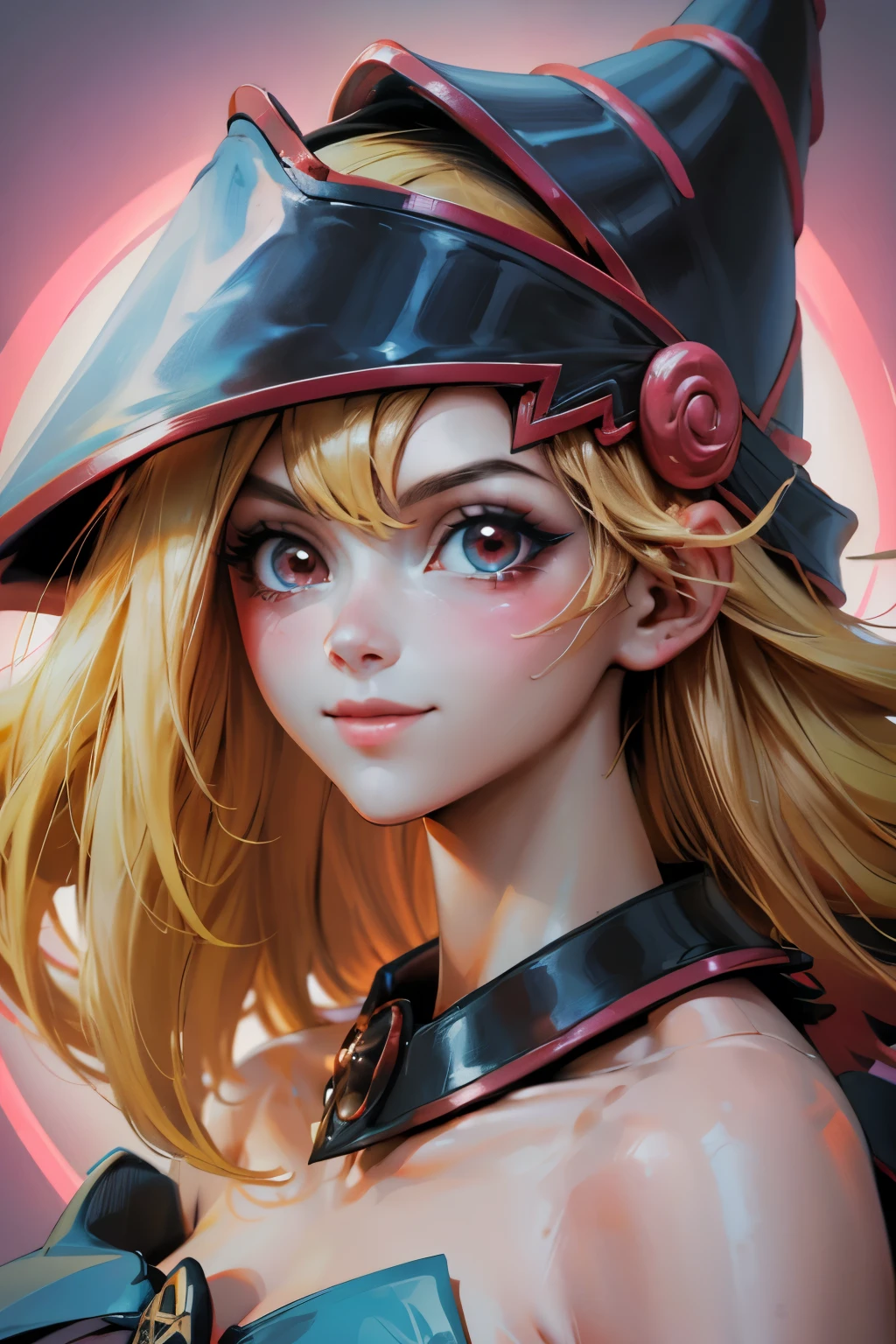 Crea el hermoso rostro de dark magician gils. Ojos azules. Labios rosados. Tes blanca. Cabello rubio. girl smile. Hombros destapados. Collar en el cuello. Rostro de dark magician gils