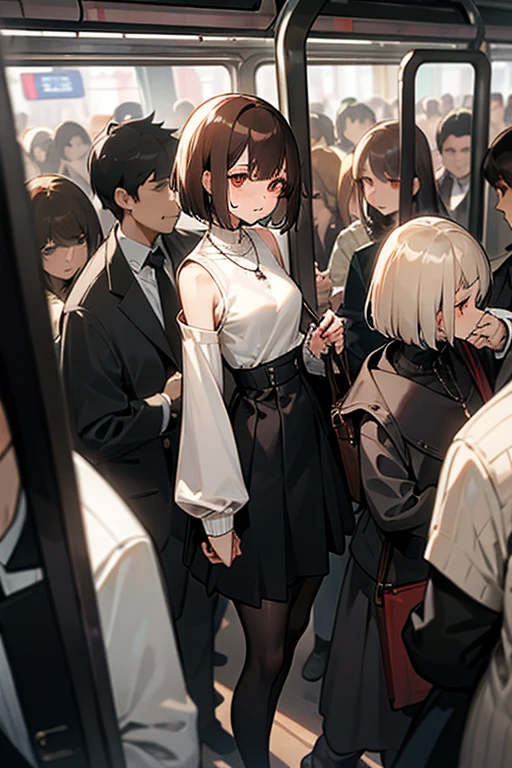 Brown short bob、Sleeveless white sweater、Wearing arm covers、Flared sleeves、Tight Skirt、Black Stockings、necklace、Extremely crowded train、There are a lot of people crowded together、Disheveled clothes、Your cheeks are red、slender、Curved waist、slender、Beautiful clavicle、There are a lot of people and they are close to each other、pants suit、