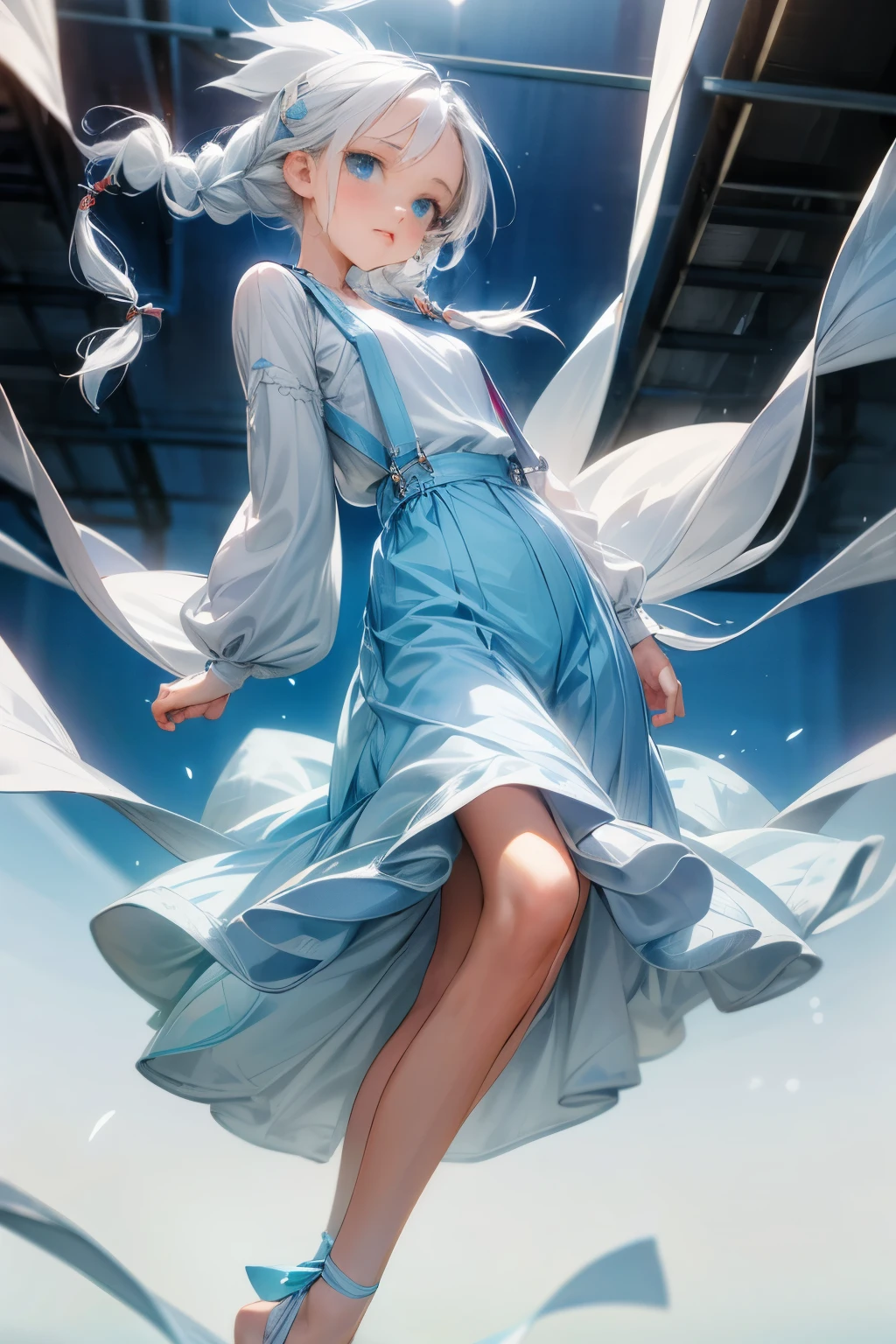 1girl, orange sleeves, white hair, white skin, light blue hair ornament, blue suspenders, blue clothes, light blue eyes, bare feet, double braids