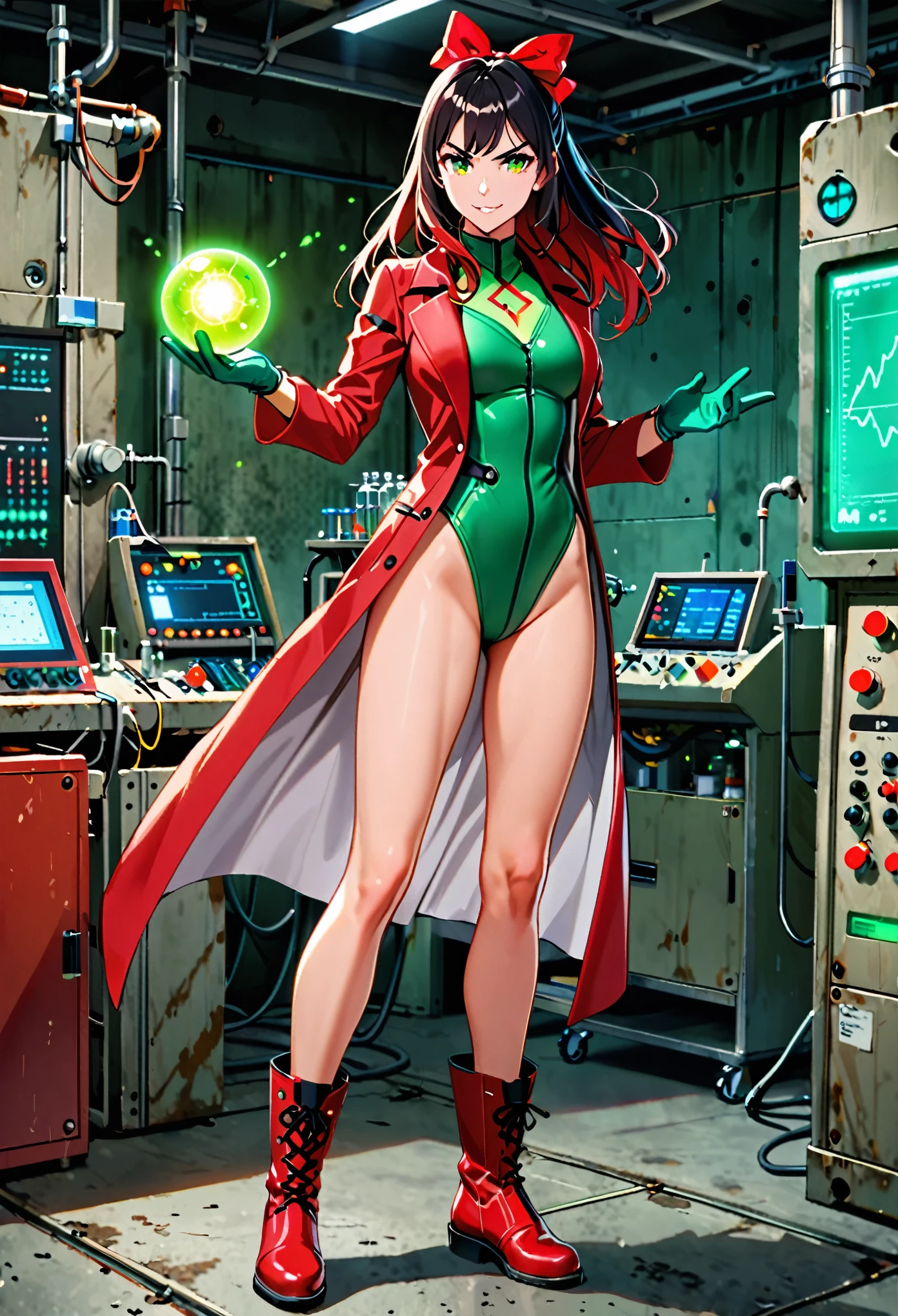 1girl, solo, tall body, scientist, mad scientist, (red lab coat), (green leotard), ((red hair bow)), bare legs, (ankle-high boots, red boots, matching boots), (gloves, green gloves, matching gloves), ((black hair, long hair)), (hazel eyes, beautiful detailed eyes), (perfect hands, complete fingers, perfect anatomy, perfect proportions), scheming pose, professional, laboratory backdrop, cowboy shot, bunker, evil grin, (atomic symbol on chest), powering up, full body costume design, glow, energy pulse, ((energy ball on hand)).