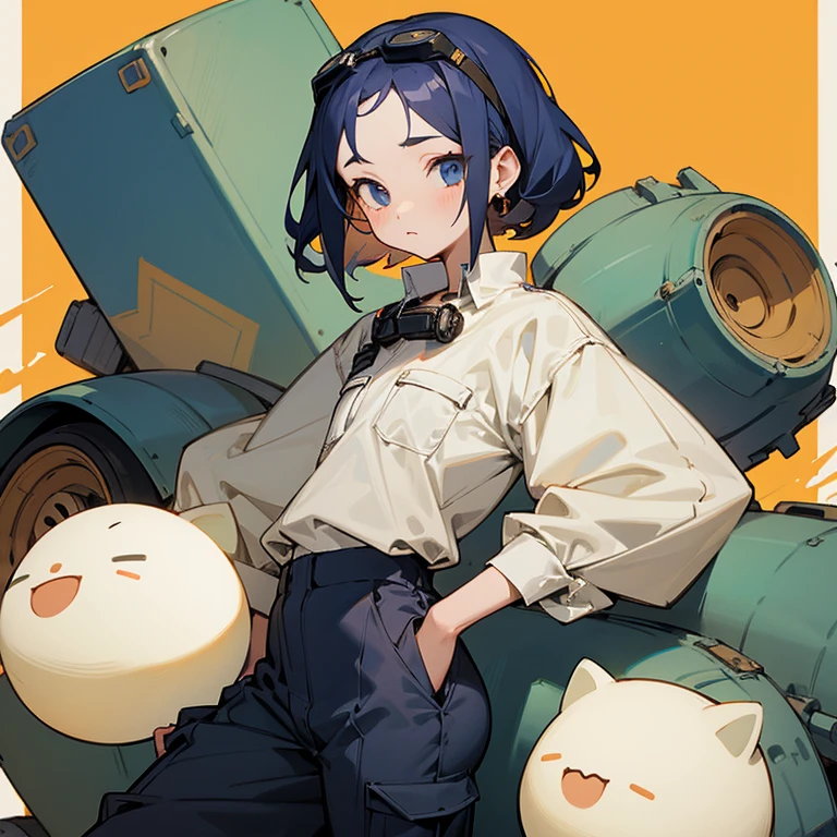 girl、confident face、earrings、thin、modest chest、Goggles on foreheadをつけている、uniform、small ass、A thin and delicate mechanic girl、loose clothing、Oversized Cargo Pants、that'belly button、- Front zip、high neck with zipper、Tube top、bare shoulders、turtleneck、off shoulder、Work gloves、Goggles on forehead、tools in one hand、brown skin、middle hair、thin、cleavage、choker、low rise pants、Thin waist、