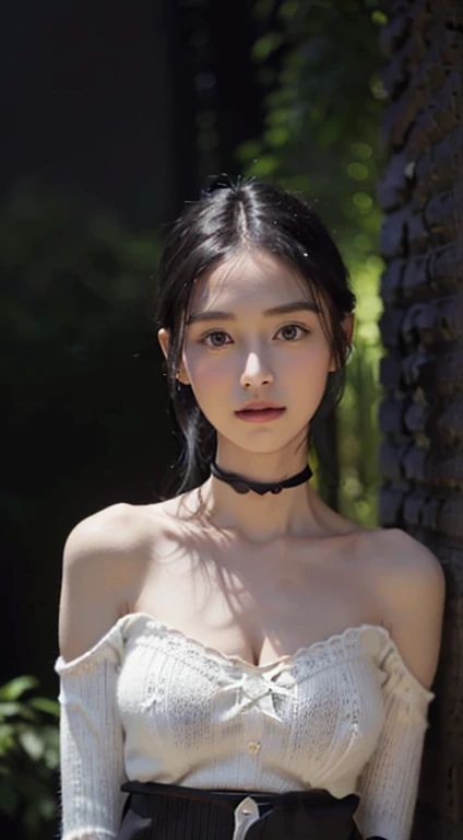 (Long:1.8), Best Quality, 8K, nffsw, hight resolution, absurderes:1.2, Blurry background, Bokeh:1.2, Photography, (Raw photo:1.2), (Photorealistic:1.4), (masutepiece:1.3), (Intricate details:1.2), 1girl in, Solo, japanaese girl, Delicate, (de pele branca:1.5), (Beautiful detailed:1.7), (Stunning innocent symmetrical face, Detailed eyes:1.5), (detailed facial features), , (Large breasts, firm breasts:2), Skin Tight, (up looking_in_viewer), from a_front, (skinny), (Best Quality:1.4), (超A high resolution:1.2), cinematric light, (Extreme detailed pictures), (lipgloss, Best Quality, 超A high resolution, depth of fields, Caustics, Broad lighting, Natural Shading, 85 mm, F/1.4, ISO 200, 1/160s:0.9),(1girl in, Solo:1.6), (Blushing and smiling:1), (School uniform, White blouse, knit:1.9), ((Wide Black Choker, Silk)), (slender:2), (Thin body, thin waist, Thin arms, thin neck, thin shoulders:2), (sloped shoulder:1.8), (In the deep forest:1.8), ((the woods, There is no way)), ((Covered in dense forest)), (Pitch black night:2), (Midnight, No lighting, No light:2), (8 head body:1.8),