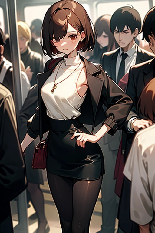 Brown short bob、Sleeveless white sweater、wearing a black jacket、Flared sleeves、Tight Skirt、Black Stockings、necklace、Extremely crowded train、There are a lot of people crowded together、Disheveled clothes、Your cheeks are red、slender、Curved waist、slender、Beautiful clavicle、There are a lot of people and they are close to each other、