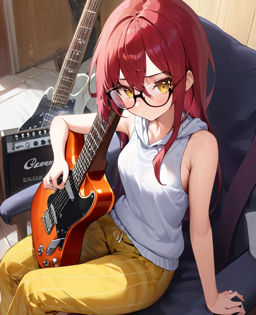 masterpiece, 8k, 1girl, guitar, No bra, hoodie, Glasses, Yellow striped pants, Sitting, nsfw