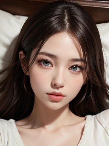 (sleeping on my back:1.3), (anatomically correct fingers:1.3), masterpiece、(professional portrait、professional writing)、Detailed workmanship、high resolution、(8K, High resolution:1.2)、(RAW, photorealistic:1.3)、highest quality, slender body shape、high definition face、Face is in focus、high definition eyes、(Focused, symmetrical pupils:1.2)、High-definition and beautiful skin、firm skin、natural makeup、gross lip, High-definition hair texture、(I'm hiding my chest with my arm:1.3) break (nursing clothes、nurse uniform:1.3) BREAK Japanese women、、very cute, sexy face, (very embarrassed:1.3), (blush:1.3), (A face that looks like it's about to cry:1.3)、Staring at the camera:1.2、(color々Easy shooting angle:1.3)、medium breast, NSFW, cleavage, naked, nude