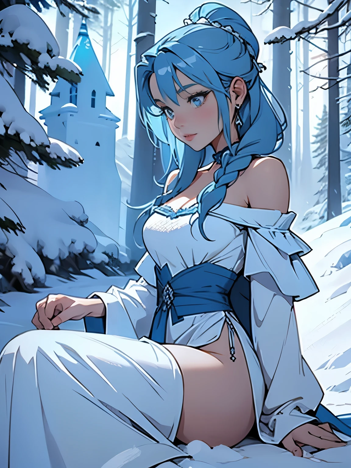 Beautiful girl wearing a blue off shoulder fishtail gown in snow castle in Norwegian forest