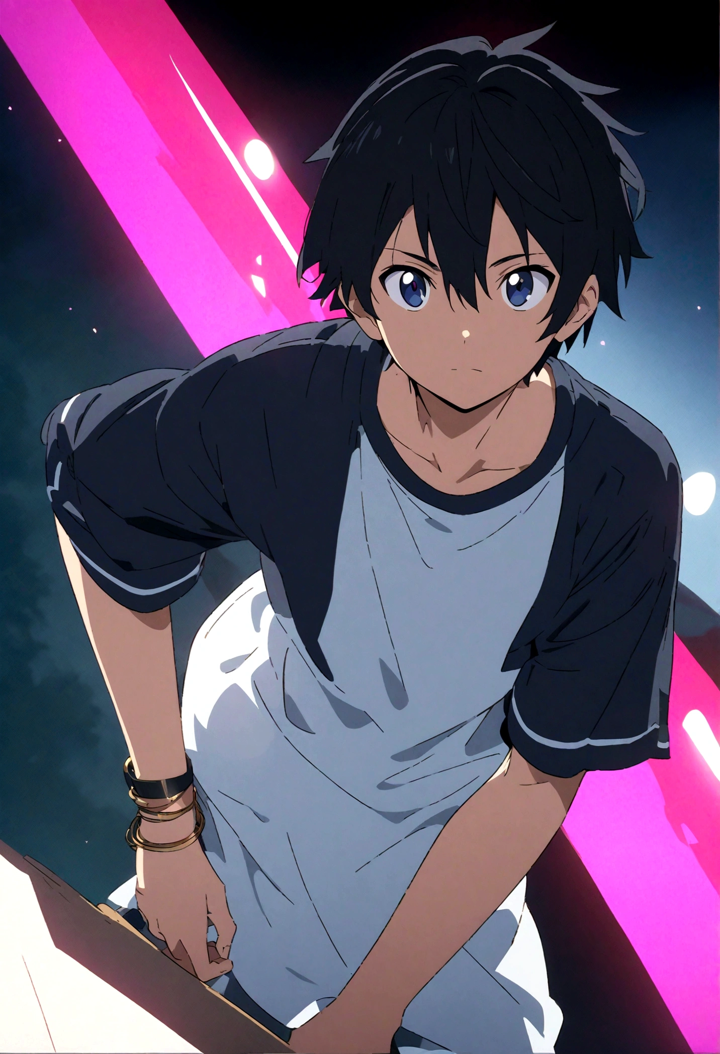 boys,,,,,,boys,,,,,,male protagonist,,,Bright Eyes,Black Hair,A refreshing and cheerful personality,,Men&#39;s Center,A rich expression,bracelet,thin limbs,Pure Innocence,Casual clothes,Black and White,Light and Dark,light and dark,creation,high resolution,4k,8k,quasi-masterpiece,highest quality,Cel animation art,Anime Style,Anime Style,2D illustration,Character Portrait.kirito,,