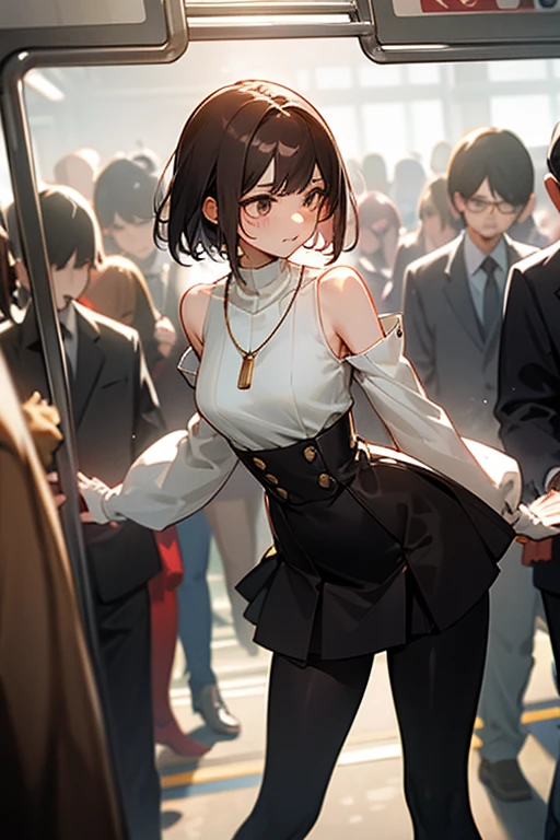 Brown short bob、Sleeveless white sweater、Wearing arm covers、Flared sleeves、Tight Skirt、Black Stockings、necklace、Extremely crowded train、There are a lot of people crowded together、Disheveled clothes、Your cheeks are red、slender、Curved waist、slender、Beautiful clavicle、There are a lot of people and they are close to each other、pants suit、