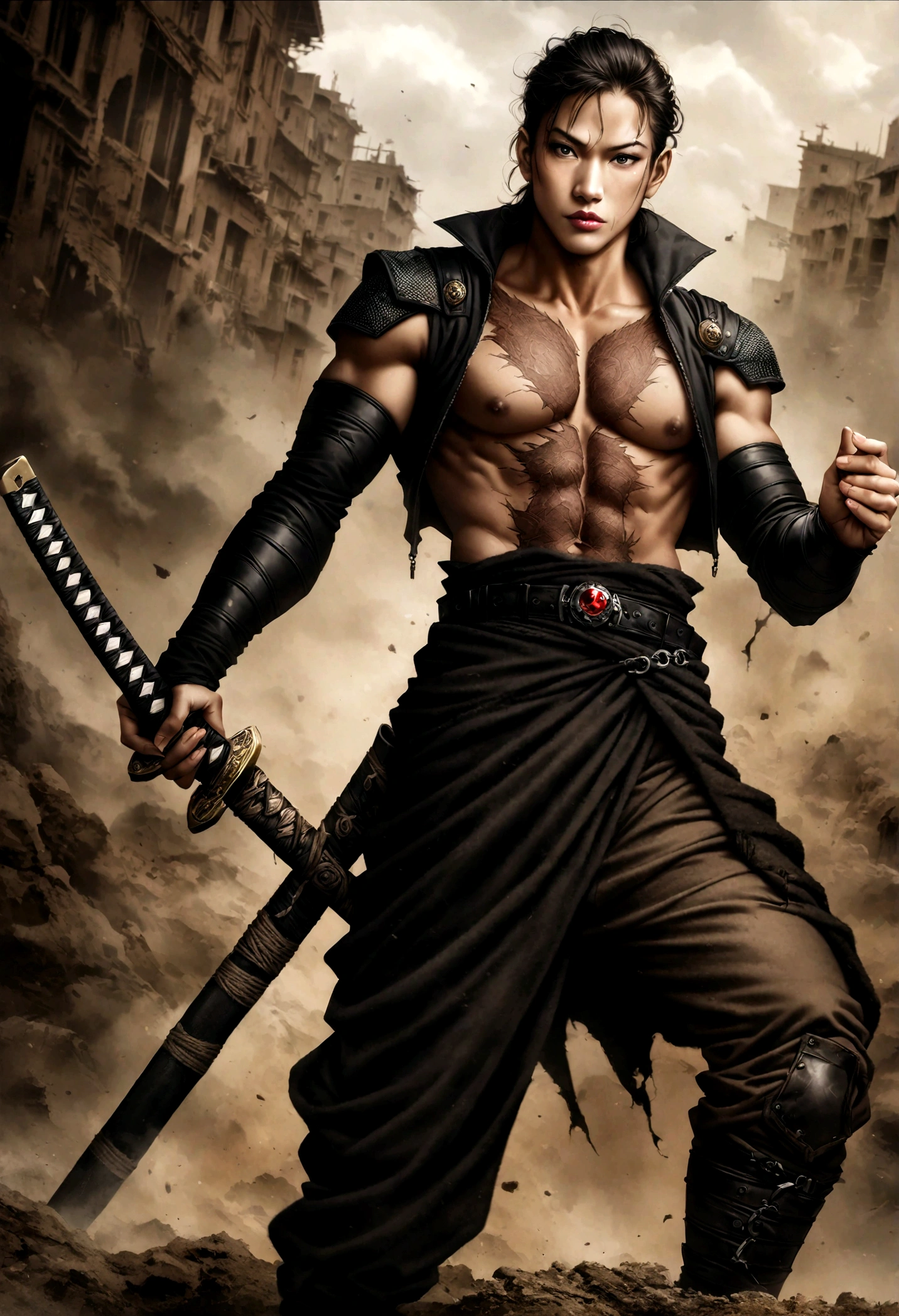 Deadliest Ninja Assassin, ultimate power, kunoichi, sexy, sexual, scars, back tattoo of a black widow, holding a sharp katana, raw photo, ultra-detailed CG, ULTRA-DETAILED skin, realistic anime style,  Real person style, Add Raw Photo, Professional CGI renderings and Akira Toriyama style  to the prompts 