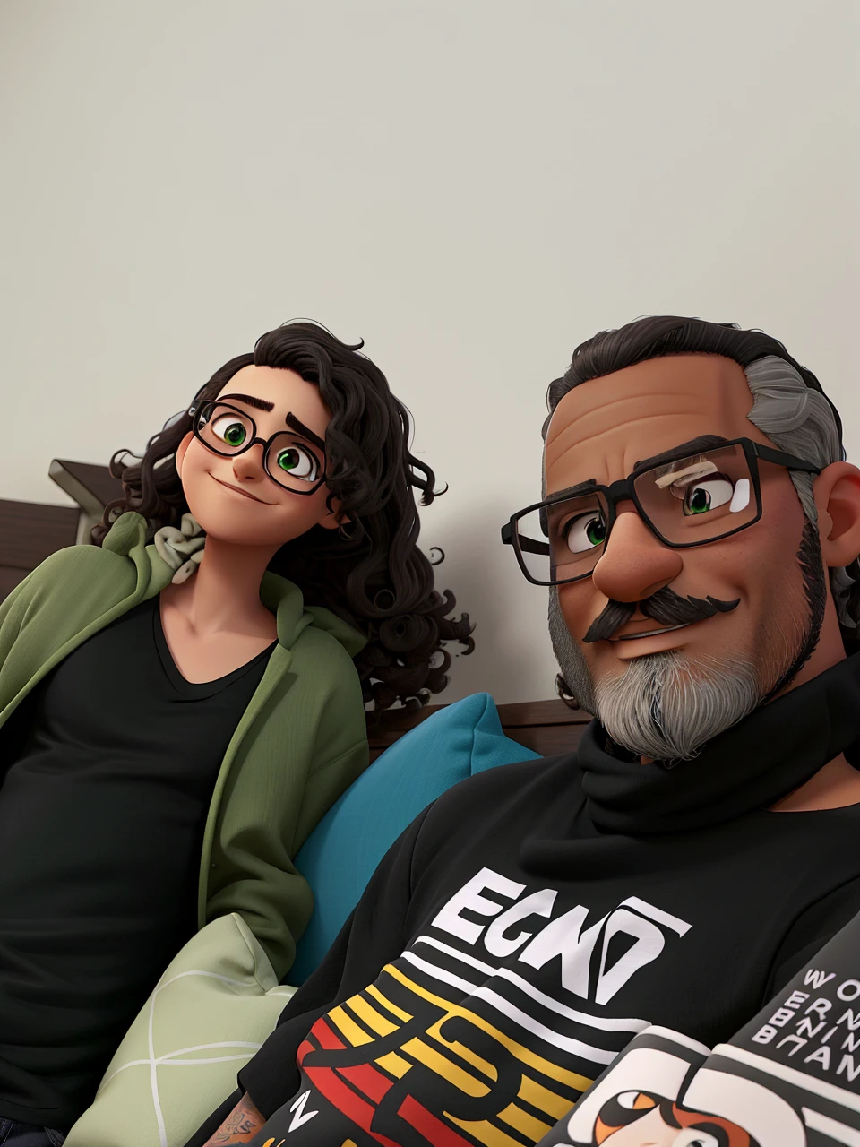 In the image, there are two individuals sitting close to each other on a couch. The person on the left appears to be a woman with curly hair, smiling at the camera. She is wearing a dark top and a green jacket. The person on the right is a man with a beard and mustache, wearing glasses and a black t-shirt with some text and graphics on it. He is looking directly at the camera with a neutral expression. They seem to be in a casual, indoor setting, possibly a living room or a similar space.