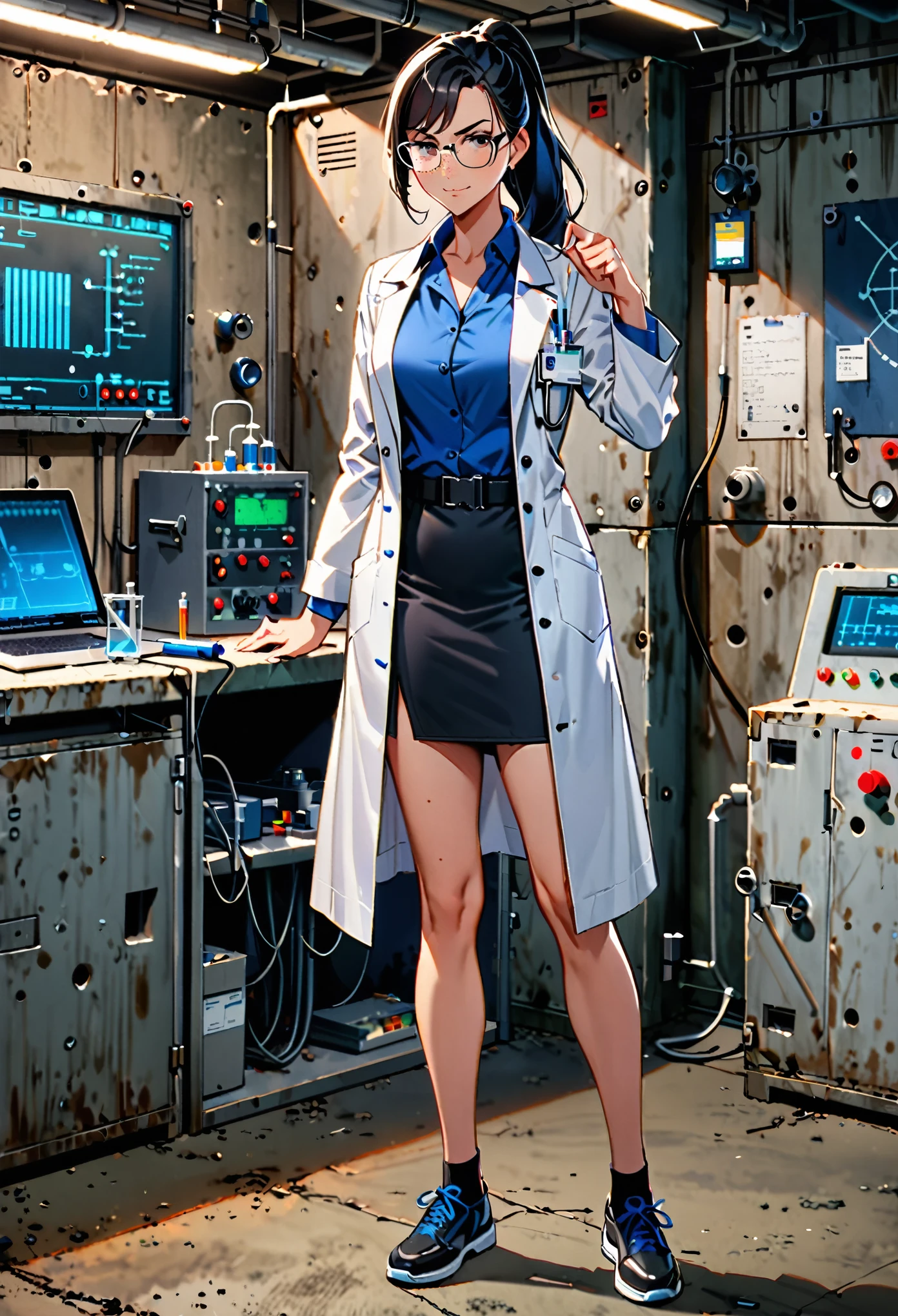 masterpiece, best quality, 1girl, solo, tall body, scientist, mad scientist, (white lab coat), pencil skirt, shoes, (dress shirt, blue shirt), glasses, black hair, ponytail, long hair, hazel eyes, freckles, scheming pose, professional, laboratory backdrop, cowboy shot, bunker, evil grin, full body costume design