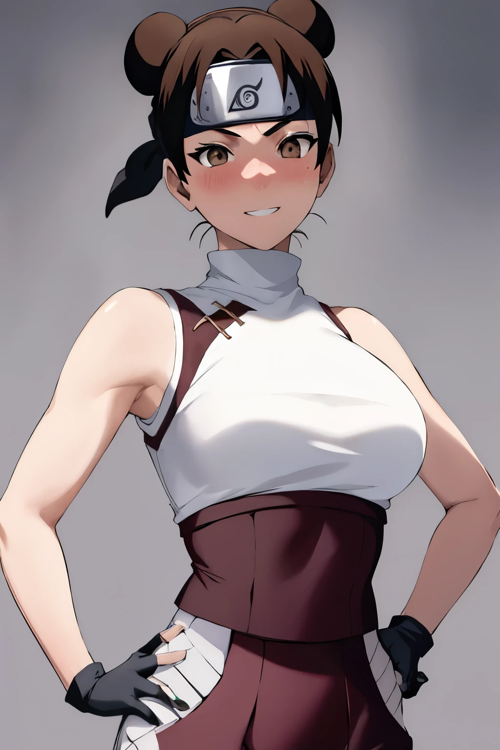 masterpiece, absurdres , (intricate details), (colorful),cinematic lighting,bust shot,extremely detailed CG unity 8k wallpaper,tenten\(shippuden\), 1girl, solo, ((white sleeveless turtleneck)), (large breasts), hand on hip,forehead protector, konohagakure symbol, headband, looking at viewer, (village street), charming smile, ((slim waist)), ((blushing)), armpit, full body