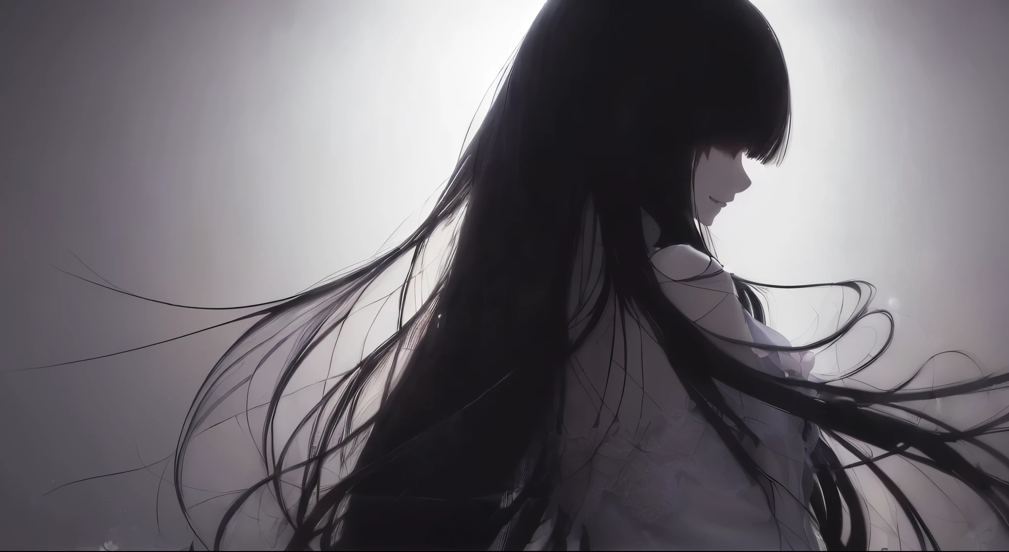 (Very delicate and beautiful)、(Crazy)、silhouette、Smiling Face、human、black、Offensive photo、alone、(silhouette)、(Shadowy)、(With movement)、Dark Background、black figure、(silhouette)、Skinny body、Long-haired、Single、1 person、