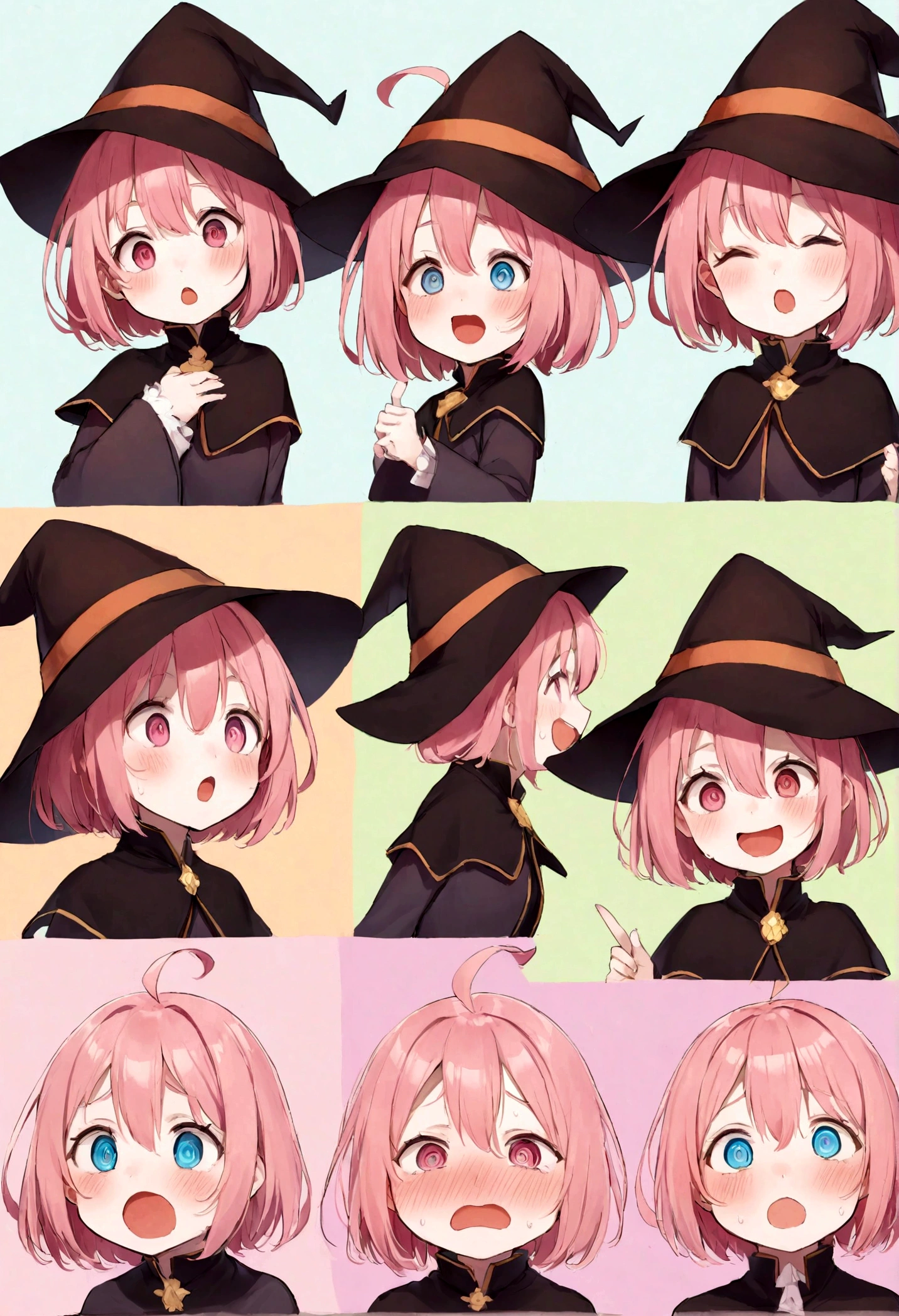 highest quality,Little, handsome female witch, Beautiful Witch, Highly detailed realistic eyes,Wizard's Hat,Wizard Tricorn Hat, Pink Hair,Short fine hair,bangs,Hair between the eyes,Ahoge,hair ornaments, Surprised face,blush,(Open your mouth,(Open your mouth wide),shout),Sweat,大量のSweat, Blue eyes,No pupil,View Viewer, V-shaped eyebrows, Cat's Tail, Spread your arms wide,Spread your legs wide,Standing against a brick wall, (((Panorama, Aerial view, Distant view))),Vision,Shooting from a distance,