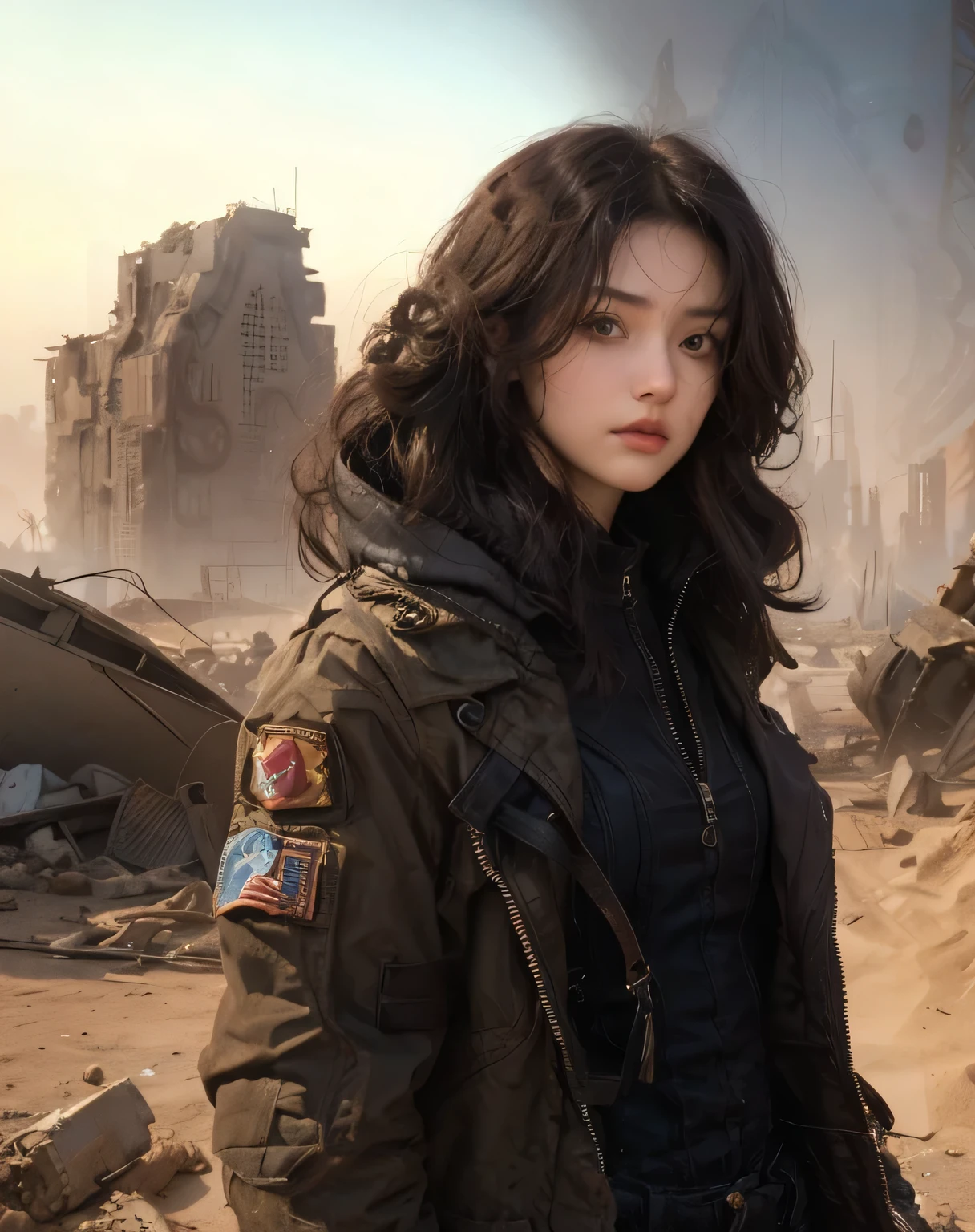 A beautiful woman. Twenty years old. dark brown hair. She is looking at the camera with a serious expression. She stands in a ruined Martian city.