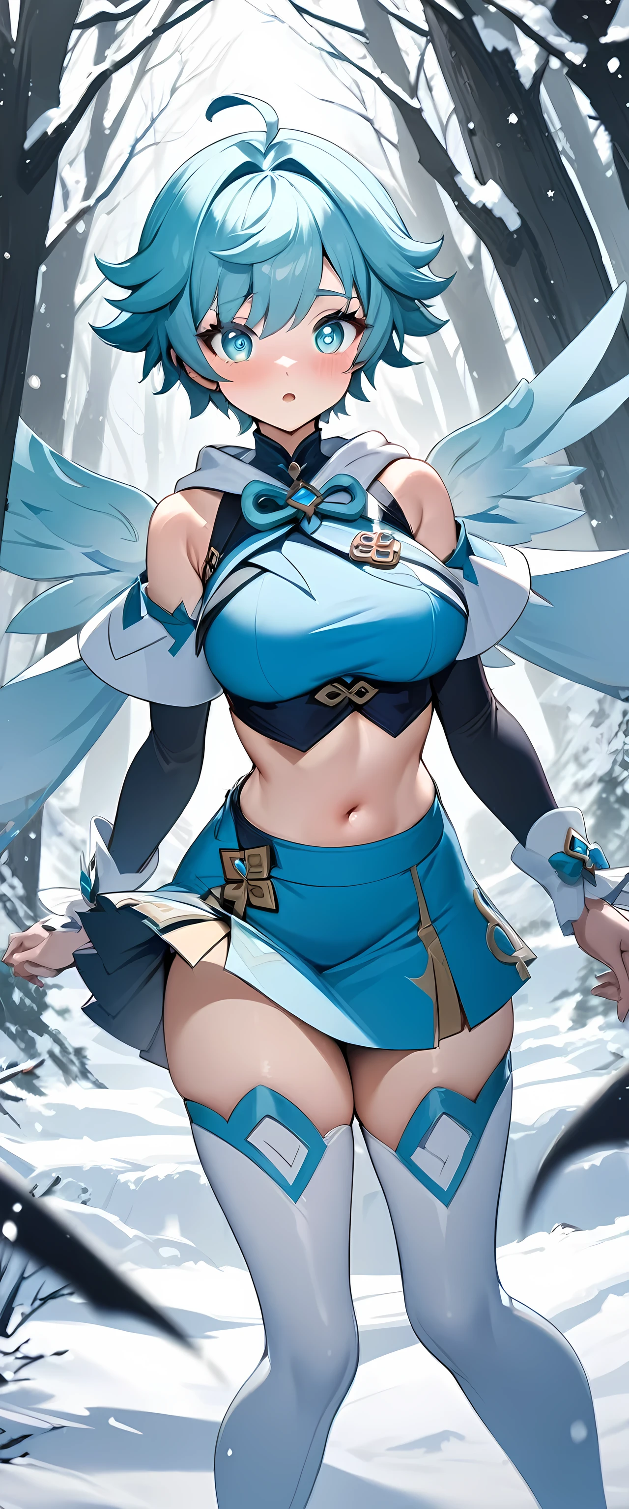 (masterpiece), best quality, expressive eyes, perfect face,1girl,chongyun,genshin impact,winter forest,cowboy shot,big breasts,24-year old girl,navel,dynamic angle,long boots,skirt,(magical girl),(cute clothes:1.2),wings,snow 