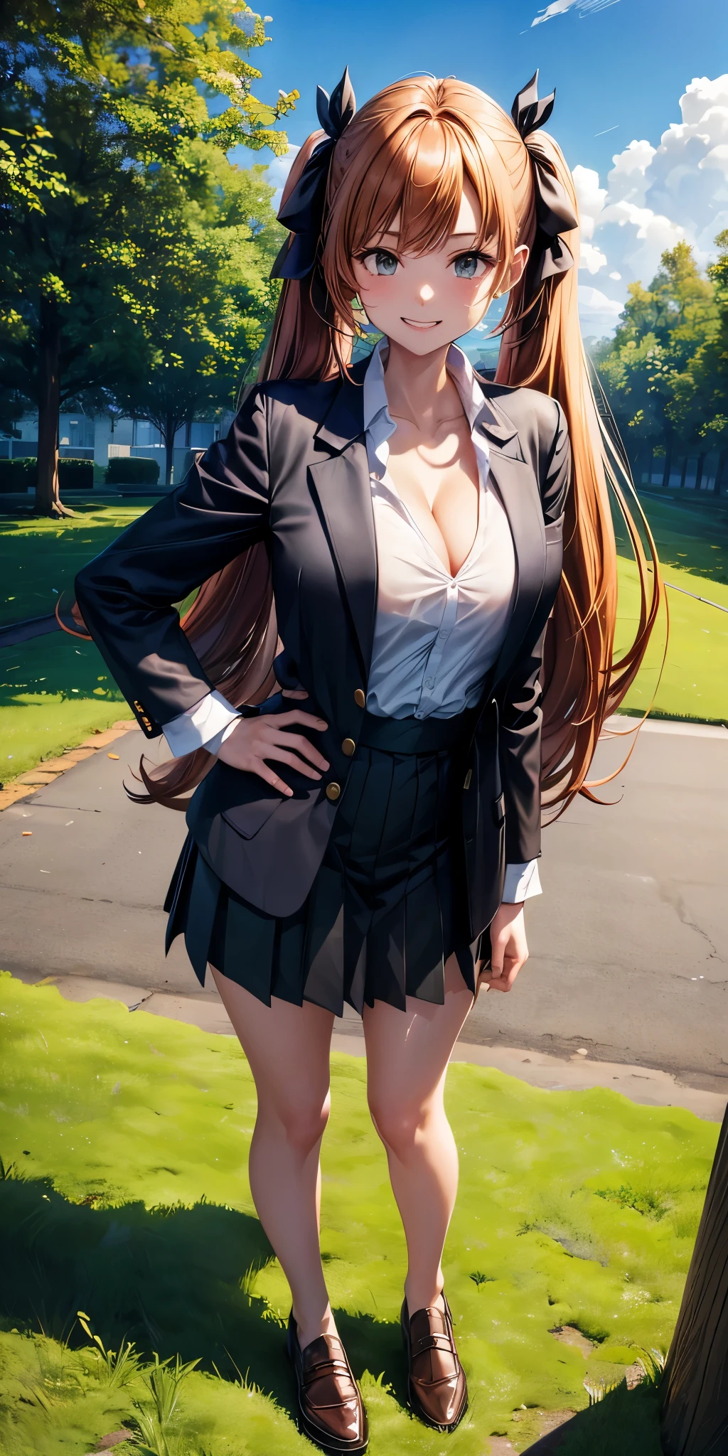 1girl, full body, solo, summer, village, trees, sun, clouds, ((chestnutl hair)), long hair, twintail, large breasts, ((black blazer)), button down shirt, ((white shirt)), ((short sleeved shirt)), ((unbuttoned shirt)), unbuttoning buttons, cleavage 1:3, brown eyes, skirt, grin, looking at the viewer, standing, touching neck, hair ribbon, golden necklate, hands on hip