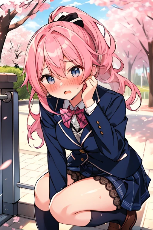 ((( masterpiece, highest quality))), ((girl)),、Browsing Caution、at close range、cute、Pink Hair、Long Hair、Curly Ponytail、Navy blue blazer、Checked skirt、Put your hands on your crotch:1.4、Knee socks vibrator thighvibe, Black lace panties、Life、anger、anger look、anger、((close)), ((Blushed)),,,Sweat、Perfect lighting、Natural light、Perfect composition、school gate、cherry blossoms