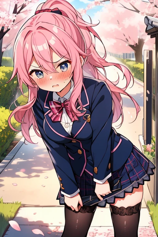 ((( masterpiece, highest quality))), ((girl)),、Browsing Caution、at close range、cute、Pink Hair、Long Hair、Curly Ponytail、Navy blue blazer、Checked skirt、Put your hands on your crotch:1.4、Knee socks vibrator thighvibe, Black lace panties、Life、anger、anger look、anger、((close)), ((Blushed)),,,Sweat、Perfect lighting、Natural light、Perfect composition、school gate、cherry blossoms