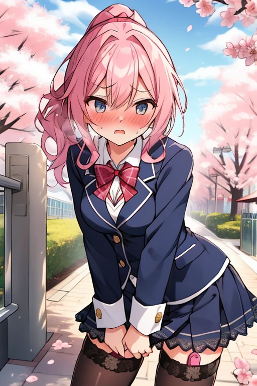 ((( masterpiece, highest quality))), ((girl)),、Browsing Caution、at close range、cute、Pink Hair、Long Hair、Curly Ponytail、Navy blue blazer、Checked skirt、Put your hands on your crotch:1.4、Knee socks vibrator thighvibe, Black lace panties、Life、anger、anger look、anger、((close)), ((Blushed)),,,Sweat、Perfect lighting、Natural light、Perfect composition、school gate、cherry blossoms
